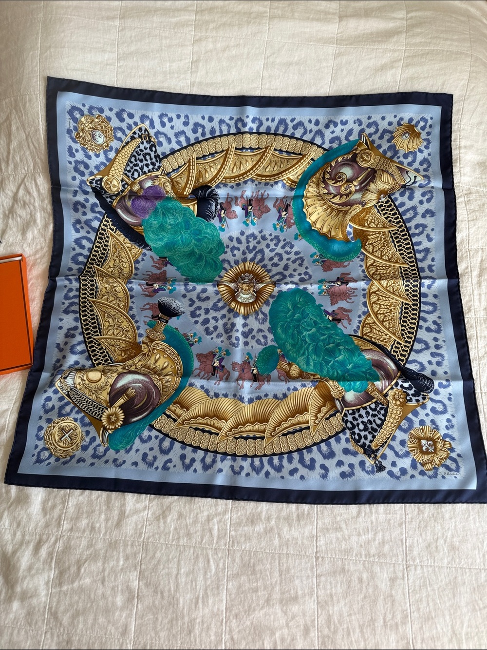 HERMES Silk Scarf in Blue & Teal with Baroque Equine Motif - - Picture 7 of 8
